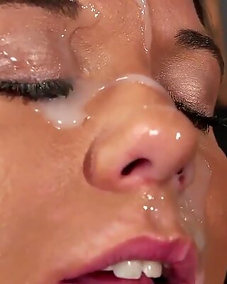 Spicy idol gets cum shot on her face sucking all the load